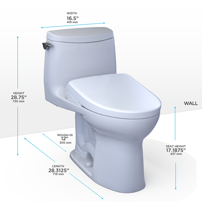 Toto Washlet+ Ultramax II 1G One Piece Elongated 1.0 GPF Toilet and Washlet+ S7A Contemporary Bidet Seat