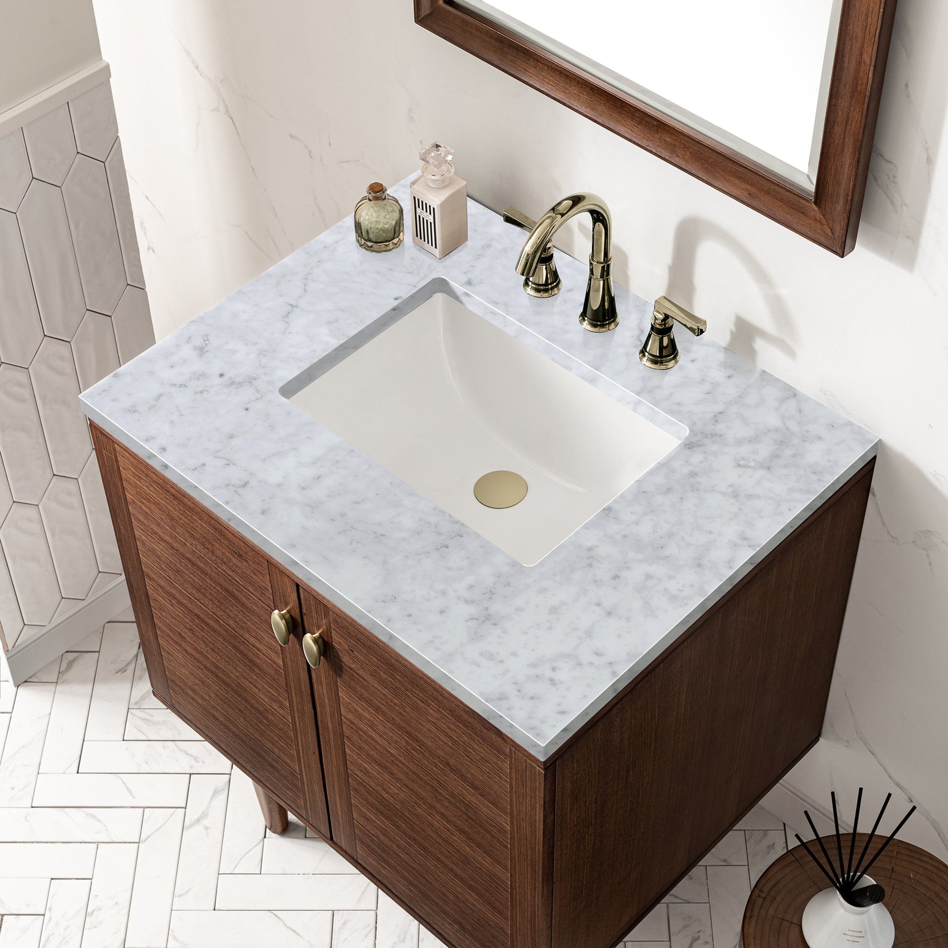 Mid-Century Walnut / Carrara White - 3 Faucet Holes
