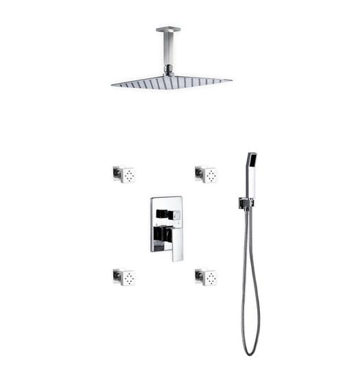 Aqua Piazza Brass Shower Set with Ceiling Mount Square Rain Shower (Handheld and 4 Body Jets)
