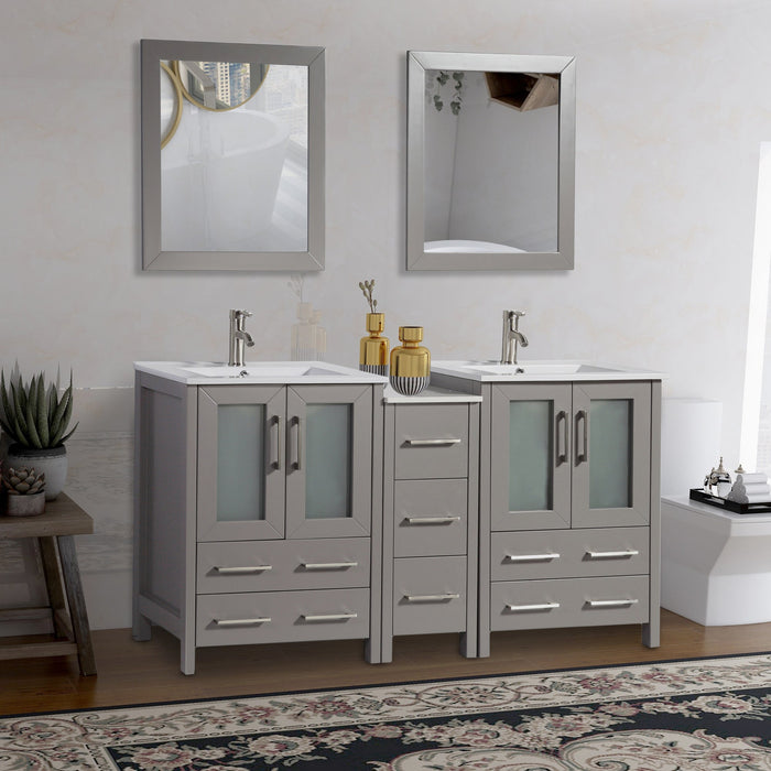 London 60" Double Sink Bathroom Vanity Set with Sink and Mirrors (Ceramic Top) - 1 Side Cabinet