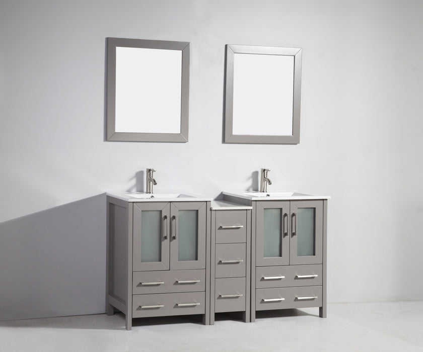 London 60" Double Sink Bathroom Vanity Set with Sink and Mirrors (Ceramic Top) - 1 Side Cabinet