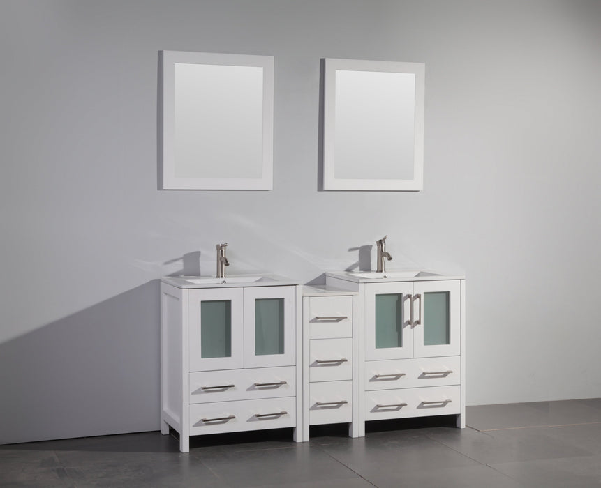 London 60" Double Sink Bathroom Vanity Set with Sink and Mirrors (Ceramic Top) - 1 Side Cabinet