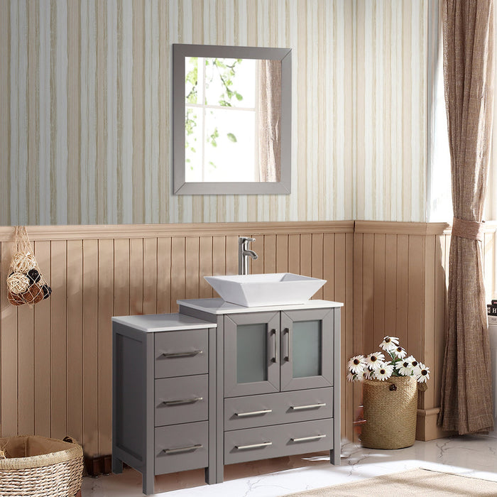 Monaco 36" Single Vessel Sink Bathroom Vanity Set with Sink and Mirror - 1 Side Cabinet