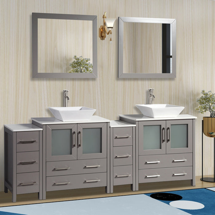 Monaco 84" Double Vessel Sink Bathroom Vanity Set with Sinks and Mirrors - 2 Side Cabinets