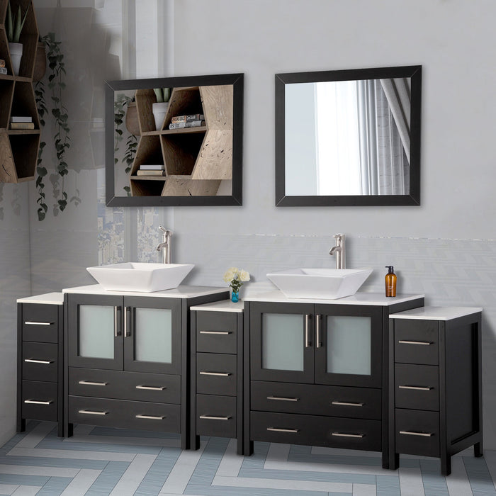 Monaco 96" Double Vessel Sink Bathroom Vanity Set with Sinks and Mirrors - 3 Side Cabinets