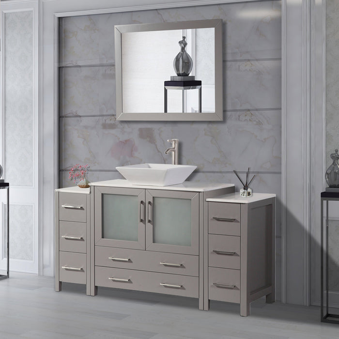 Monaco 60" Single Vessel Sink Bathroom Vanity Set with Sink and Mirror - 2 Side Cabinets